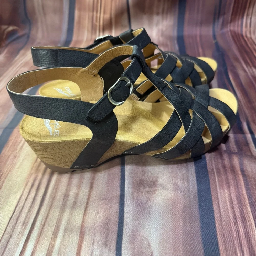 Dansko Black Leather Woven T-Strap Sandals - Picture 2 of 5